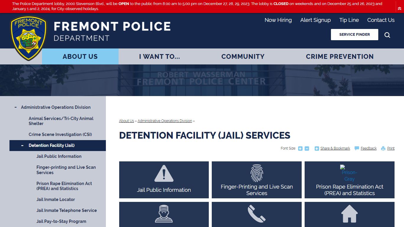 Detention Facility (Jail) Services | Fremont Police Department, CA